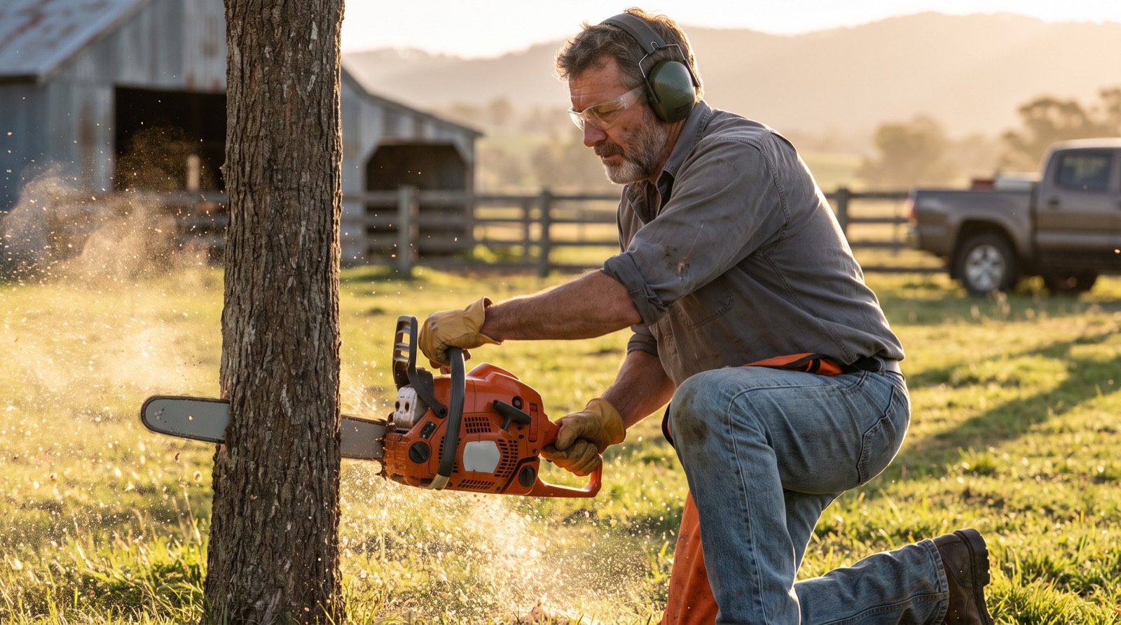 A farmer in ear protection, safety glasses, gloves and chaps kneeling to cut a tree with a gas chainsaw on his farm at golden hour, sawdust spraying, barn, fence and pickup behind