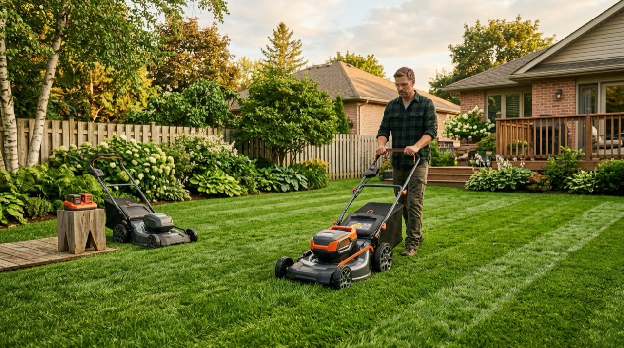Lawn Mowers — Battery lawn mower in use