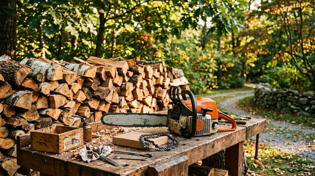 Chainsaw chain on workshop bench Stihl MS 250 Chain — Chainsaw chain on workshop bench