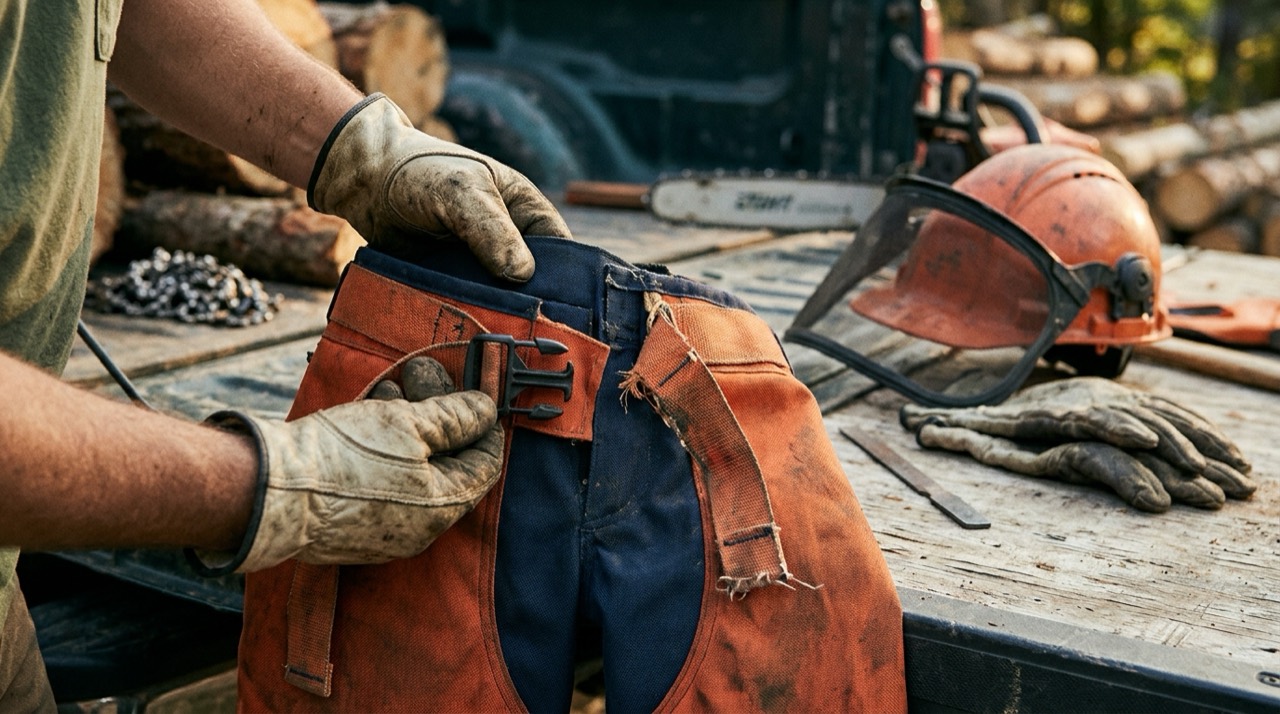 Chaps Care & Inspection — Chainsaw chaps inspection outdoors