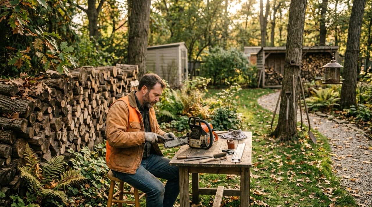 Chainsaw Maintenance — Chainsaw maintenance on workbench