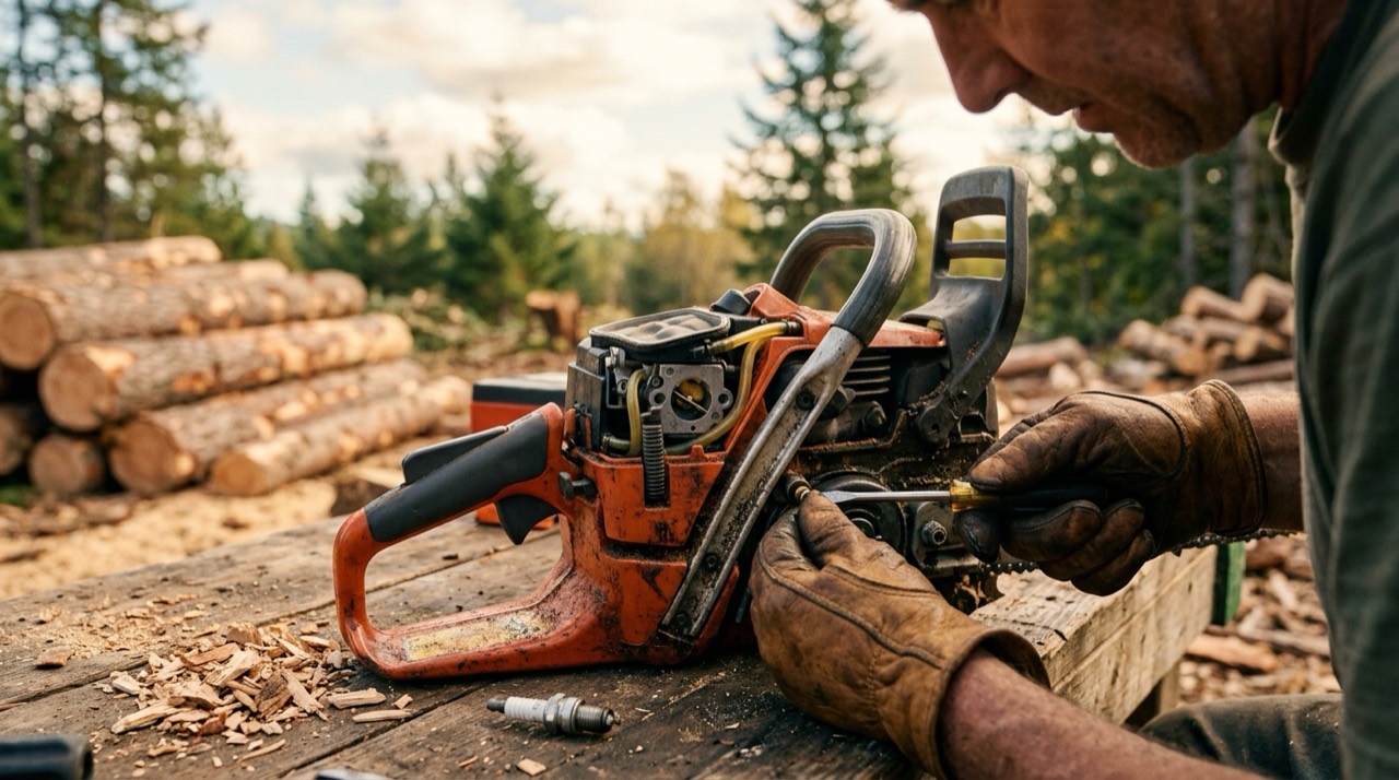 Chainsaw Maintenance — Chainsaw maintenance outdoors