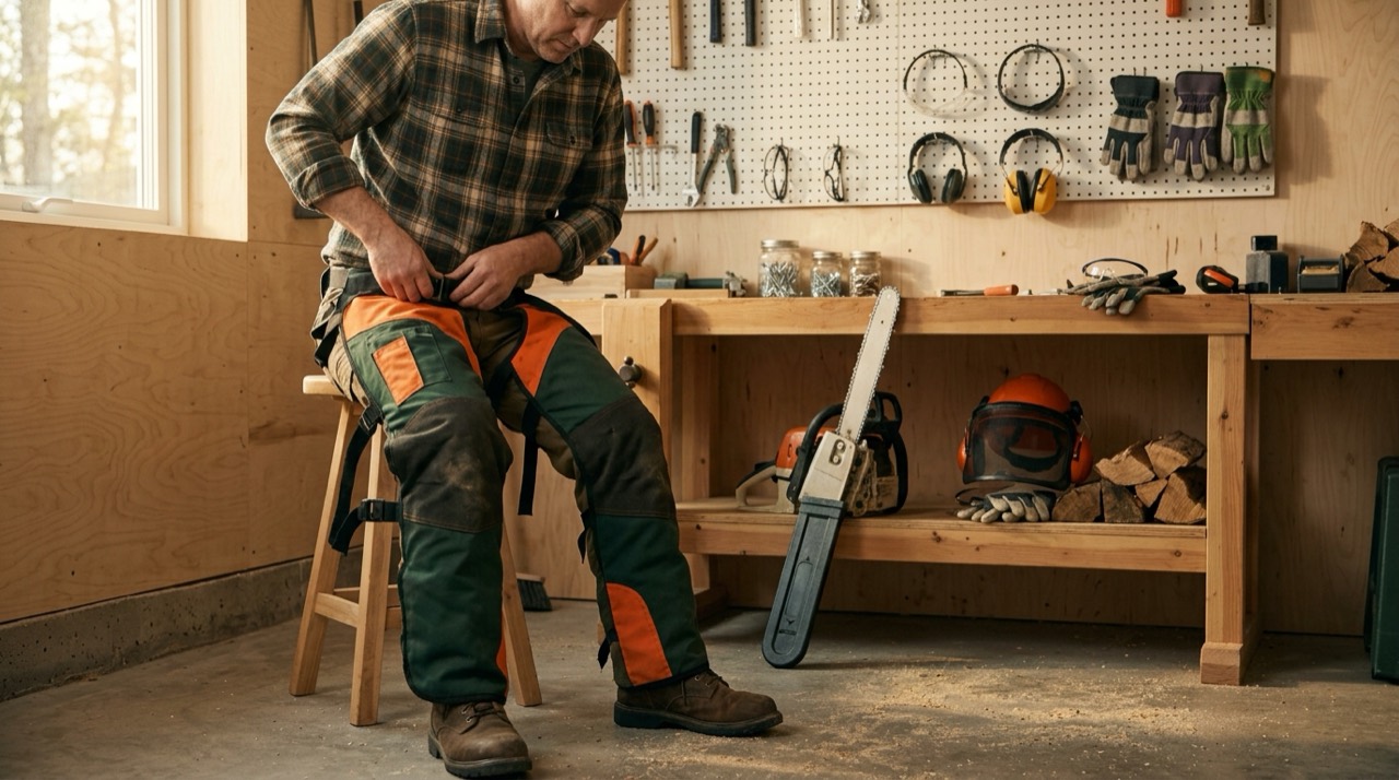 Chainsaw Chaps & PPE — Chainsaw safety pants in workshop