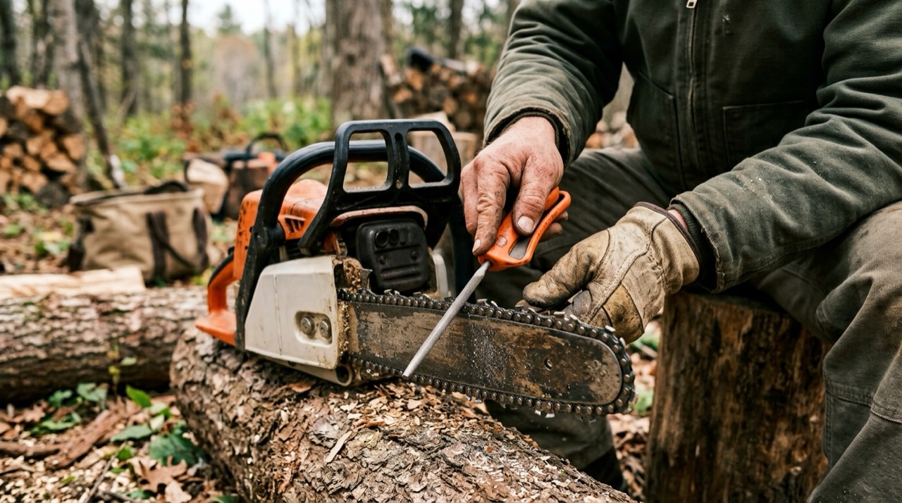 Chainsaw Sharpening — Chainsaw sharpening outdoors