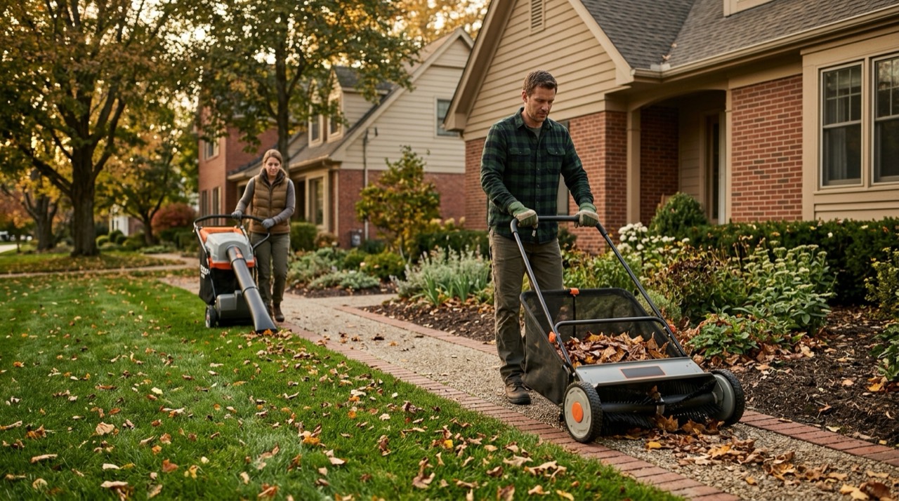Clearing leaves with lawn sweeper 202609081324 2 Ways to Clear Leaves — Clearing leaves with lawn sweeper 202609081324 2