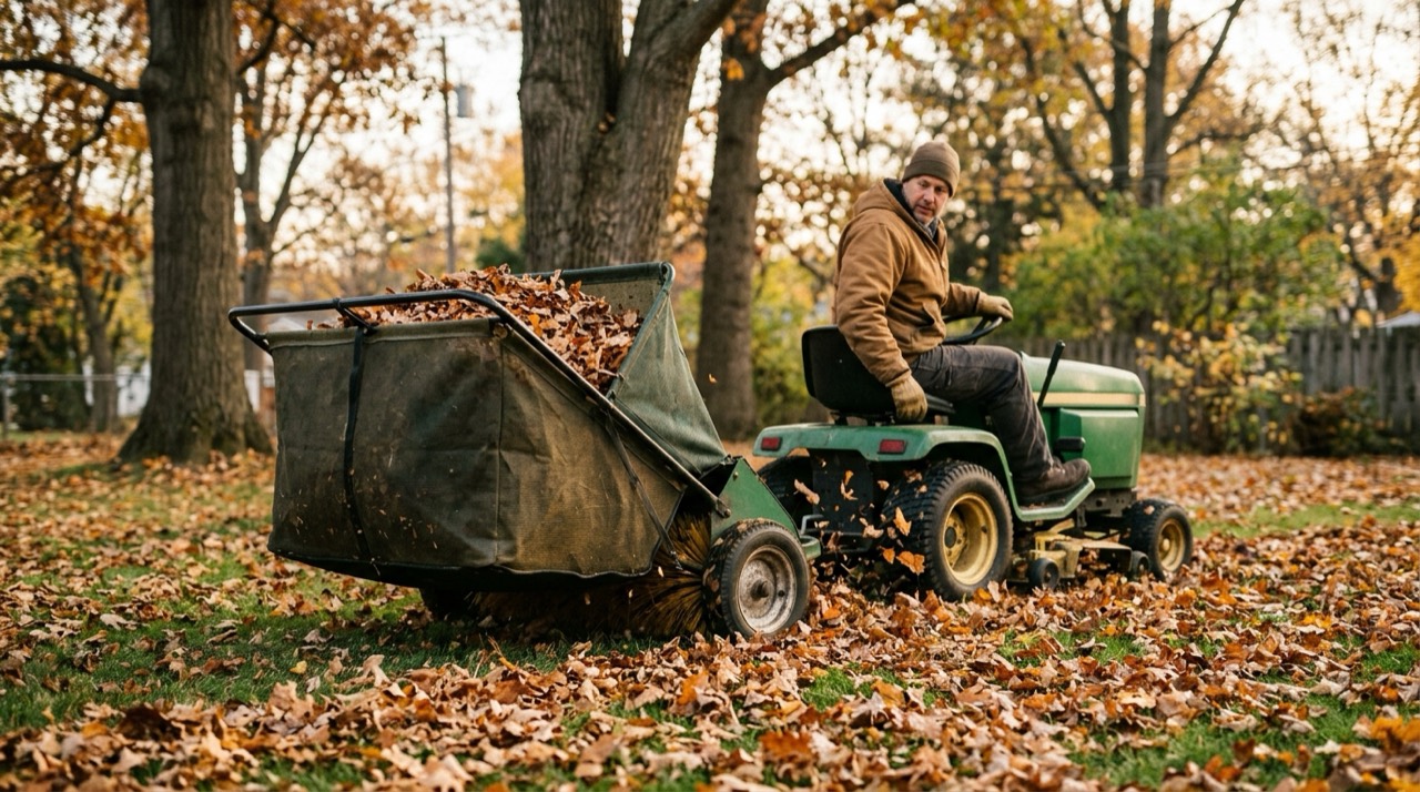 Clearing leaves with lawn sweeper Ways to Clear Leaves — Clearing leaves with lawn sweeper