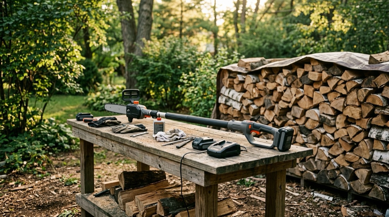 Cordless Pole Saws — Cordless pole saws on workshop