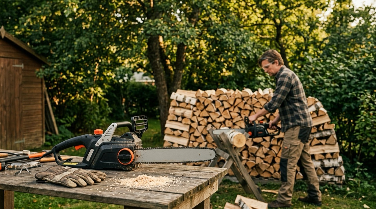Electric chainsaw on workshop bench Corded vs Battery — Electric chainsaw on workshop bench