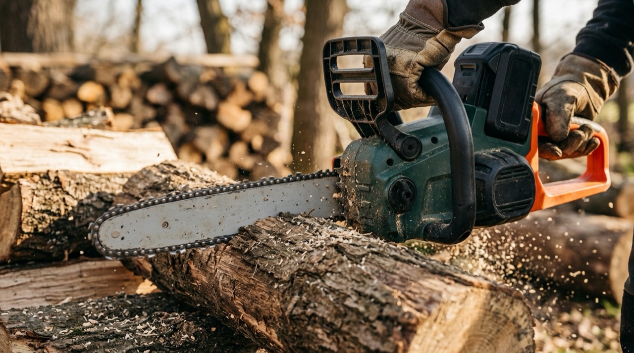 Electric Chainsaws — Electric chainsaw working outdoors