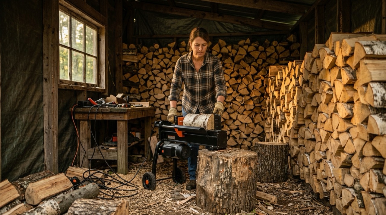 Electric Log Splitters — Electric log splitter in backyard