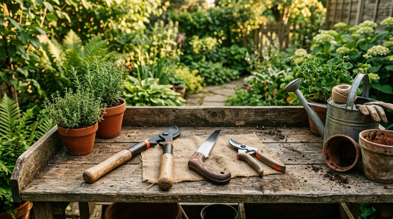Outdoor Hand & Cutting Tools — Garden hand tools on bench
