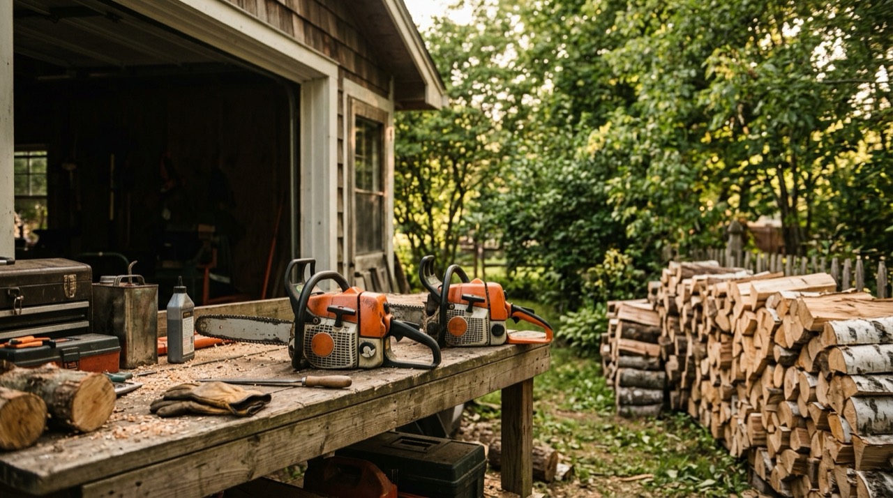 Gas Chainsaws — Gas chainsaw on workshop bench