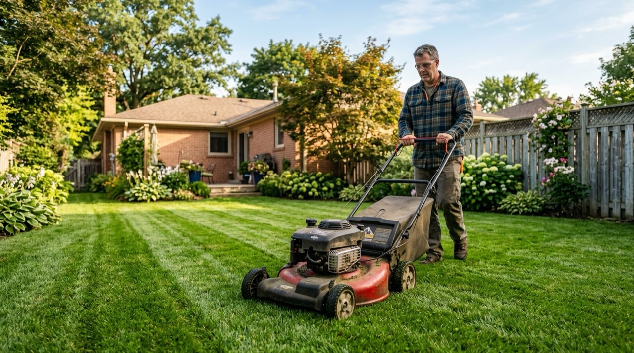 Gas Mower Engines — Gas mower engines on lawn