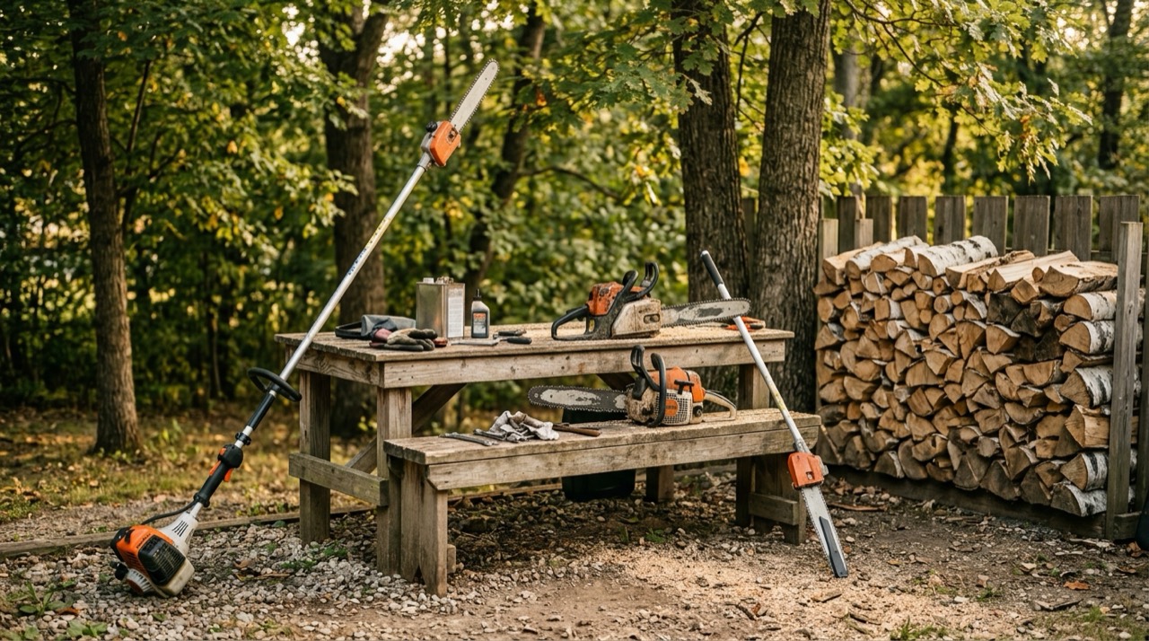 Gas Pole Saws — Gas pole saws in workshop