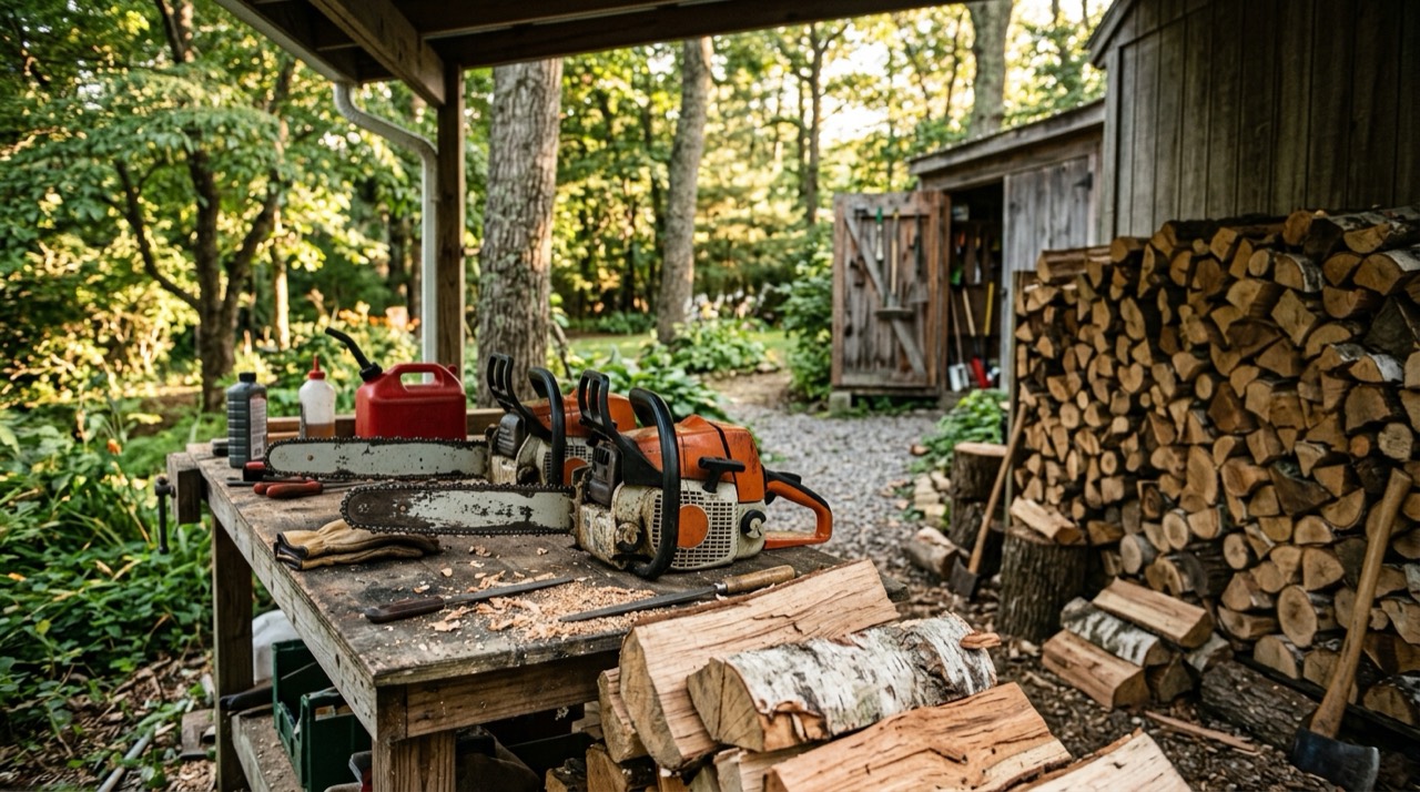 Gas saw on workshop bench Stihl Gas Saws — Gas saw on workshop bench
