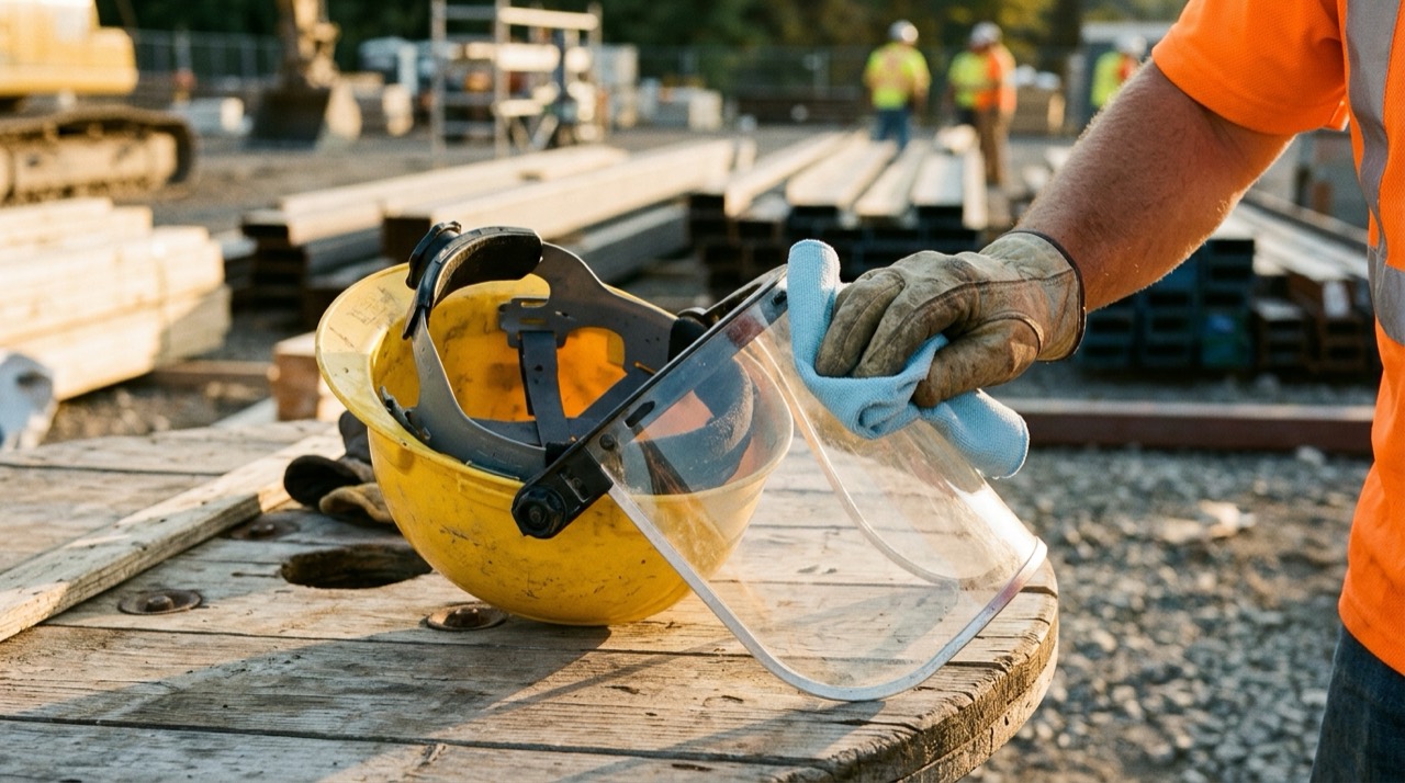 Standards & Care — Helmet and face shield photograph