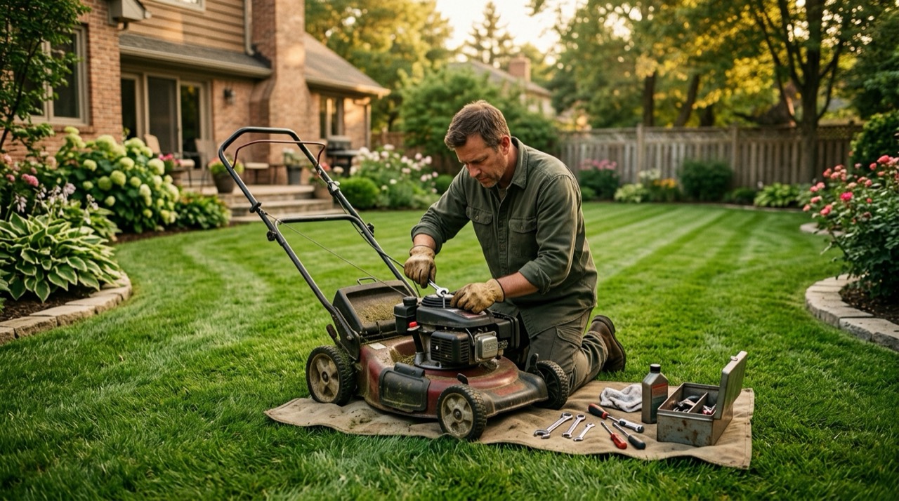 Lawn Mower Maintenance — Lawn mower maintenance in yard