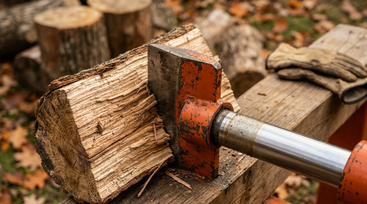 Log splitter working outdoors Engines & Power — Log splitter working outdoors