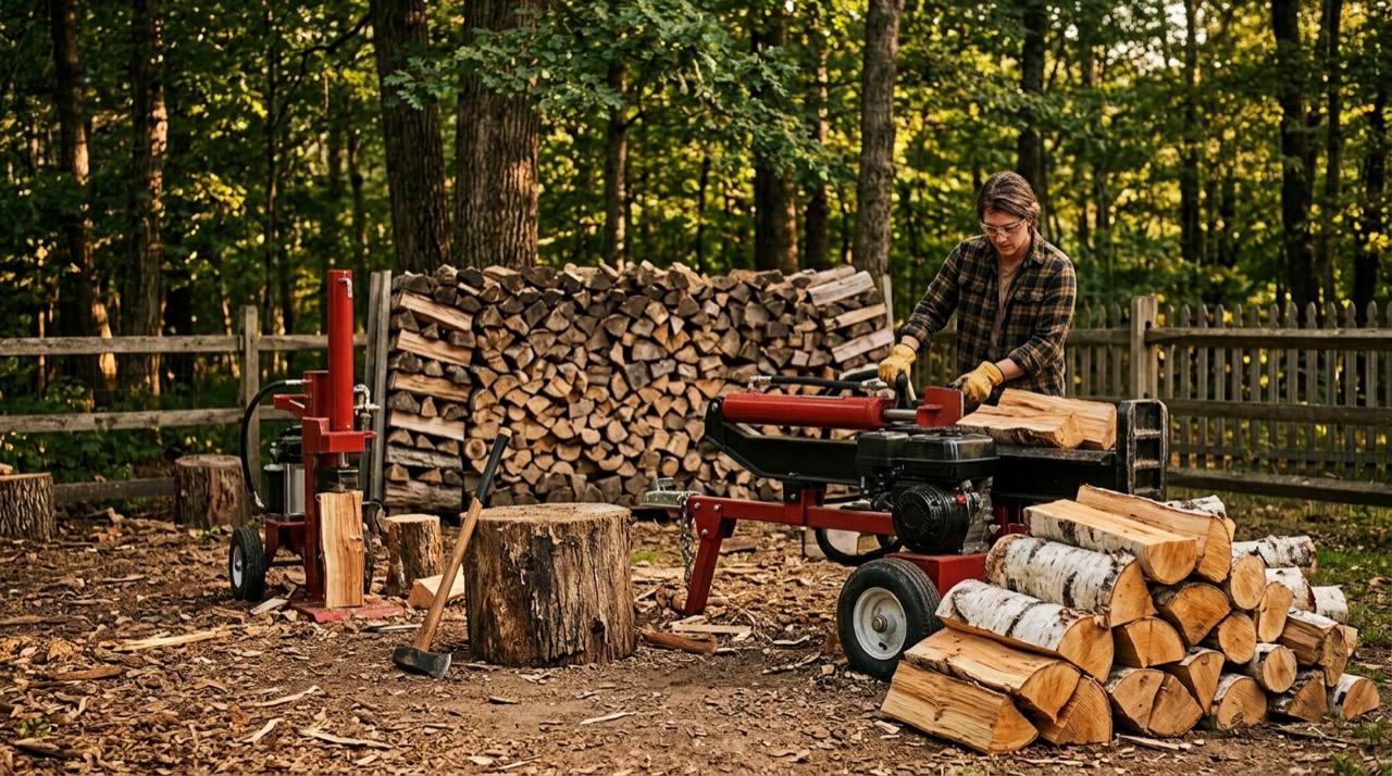 Log splitters in backyard Engines & Power — Log splitters in backyard