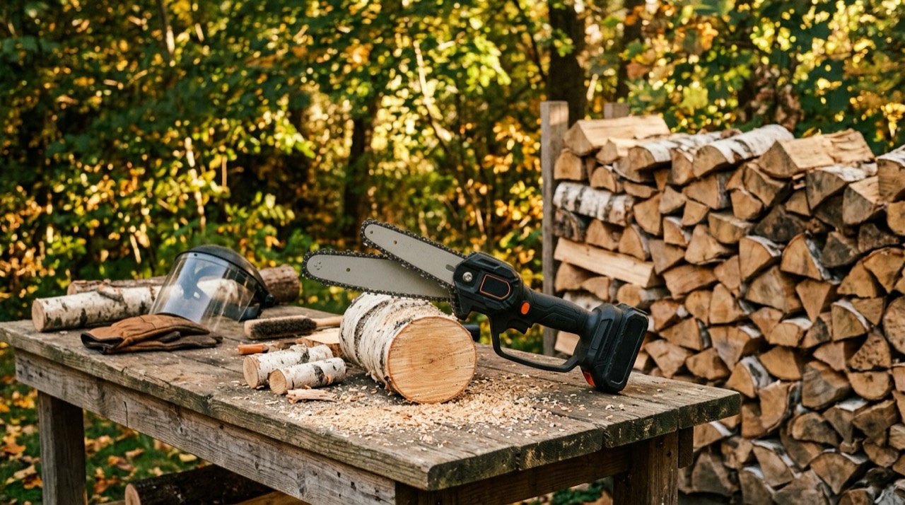 Mini chainsaw on workbench Safe Use and Care — Mini chainsaw on workbench