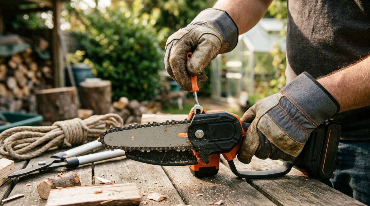 Best Mini Chainsaw — Operating mini chainsaw outdoors