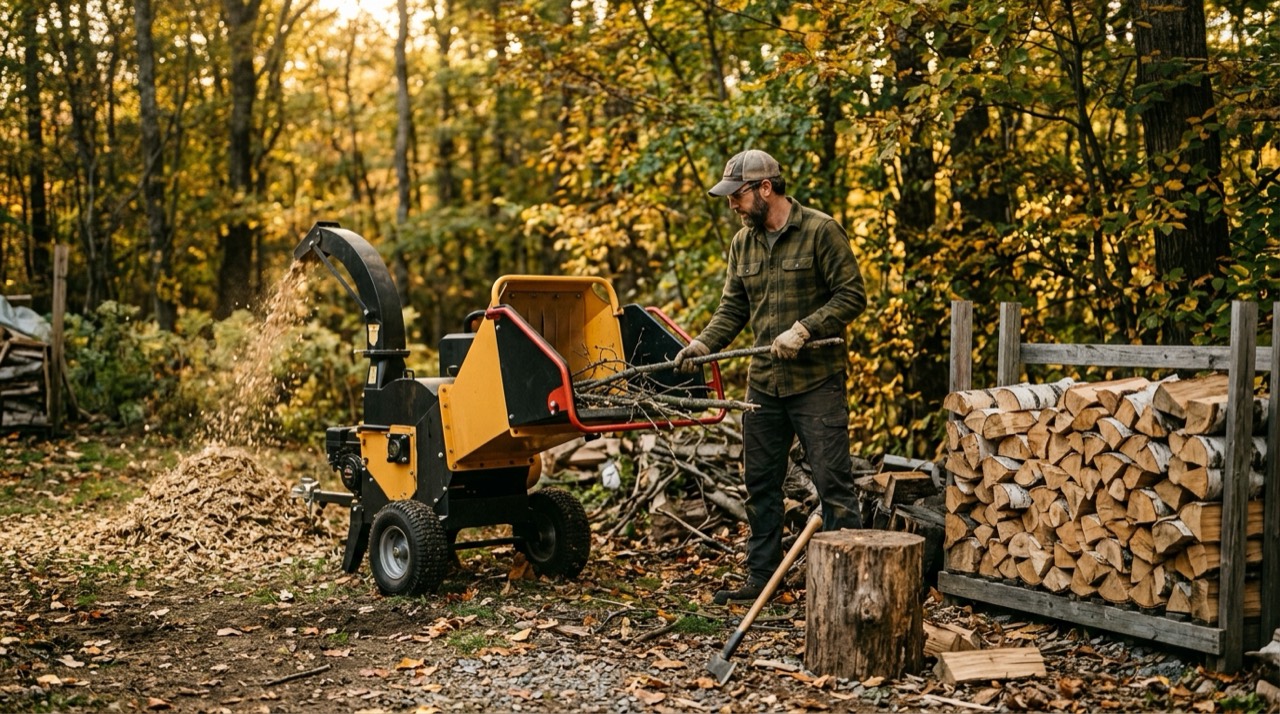 Safe Feeding & PPE — Operating wood chipper in backyard
