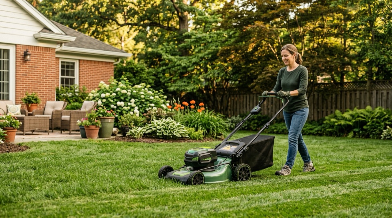 Person operating battery lawn mower Mower Battery Basics — Person operating battery lawn mower