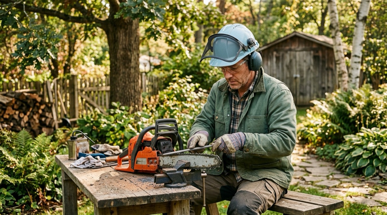 Chainsaw Sharpening — Person sharpening chainsaw