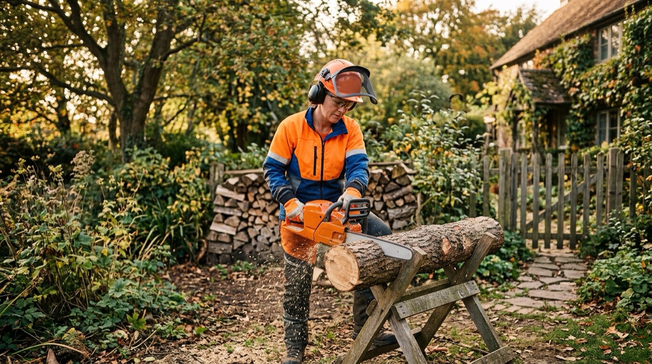Person using battery chainsaw Stihl Cordless Range — Person using battery chainsaw