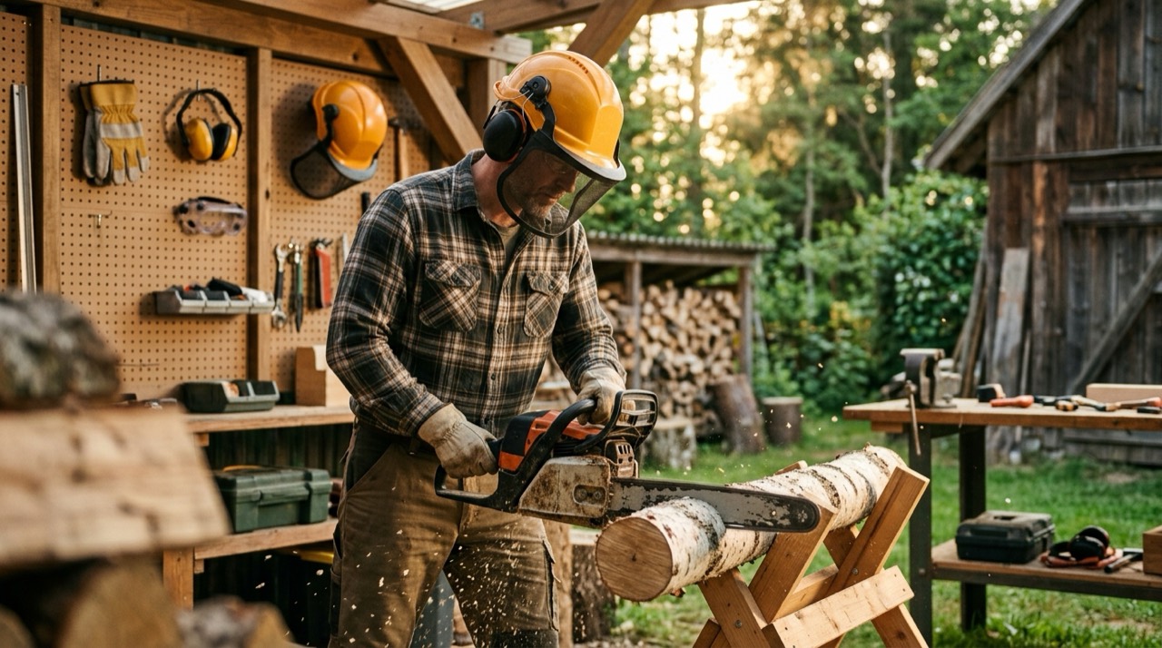 Best Chainsaw Helmet — Person using chainsaw helmet