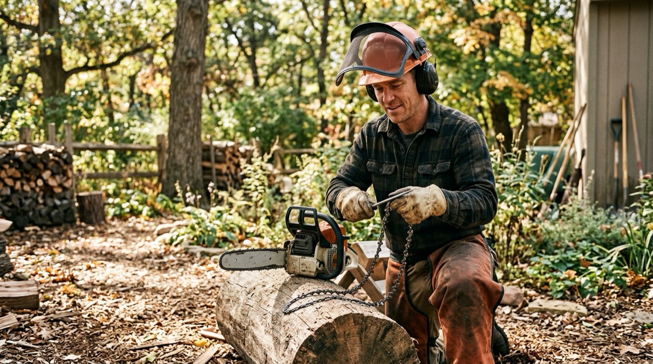 Chainsaw Bars — Person using chainsaw in backyard