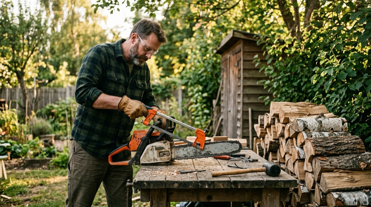 Person using chainsaw sharpener Electric Sharpener Machines — Person using chainsaw sharpener