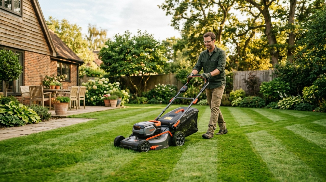 Electric Lawn Mowers — Person using electric lawn mower