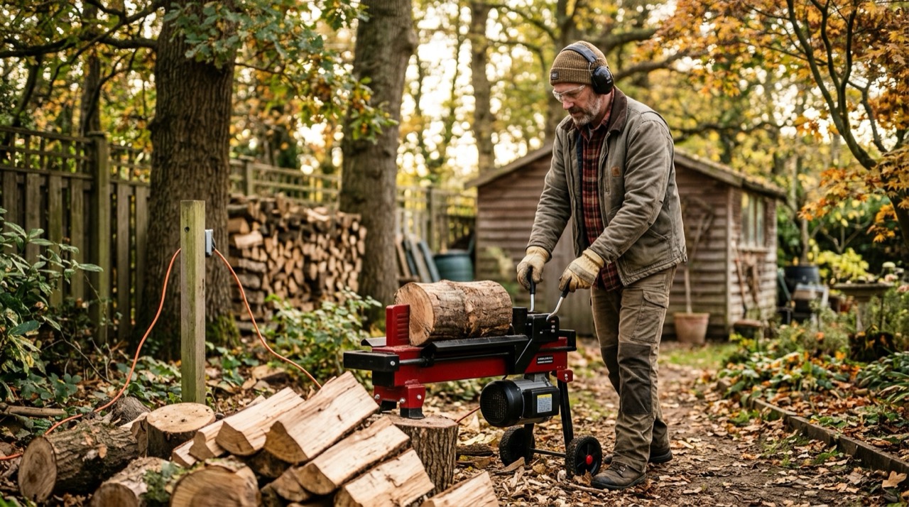 Person using electric log splitter Tonnage and Firewood — Person using electric log splitter