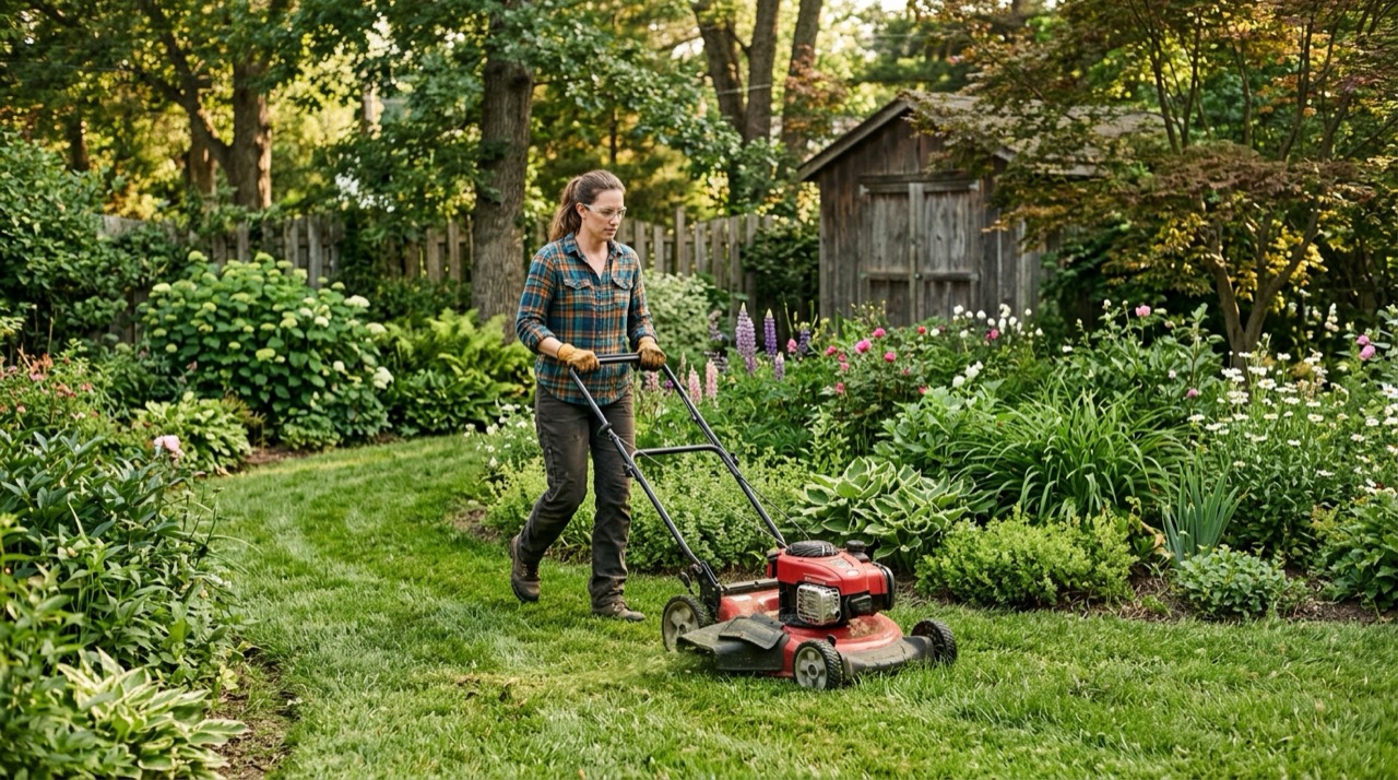 Self-Propelled vs Push — Person using gas lawn mower