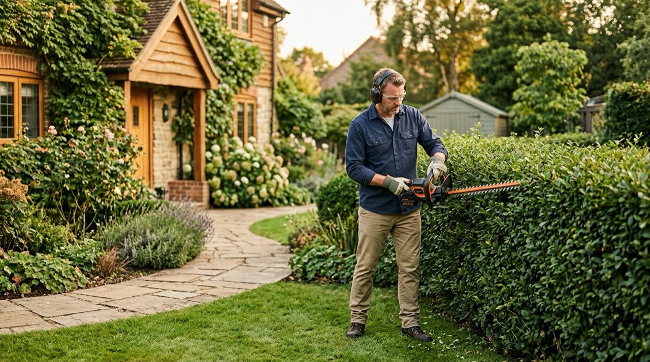 Person using hedge trimmer backyard Power Type Compared — Person using hedge trimmer backyard