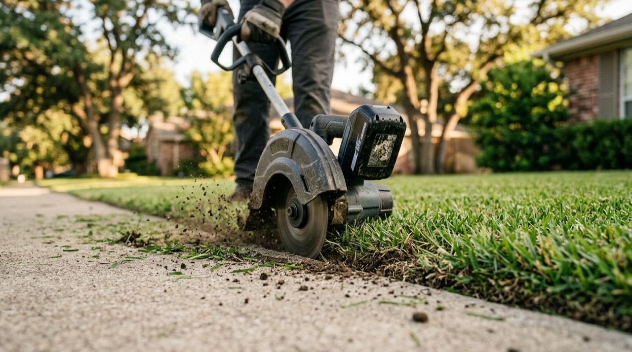 Person using lawn edger Edger vs Trimmer — Person using lawn edger