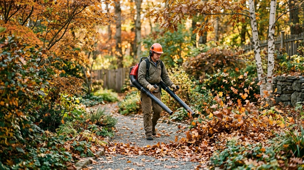 Blower vs Raking — Person using leaf blower