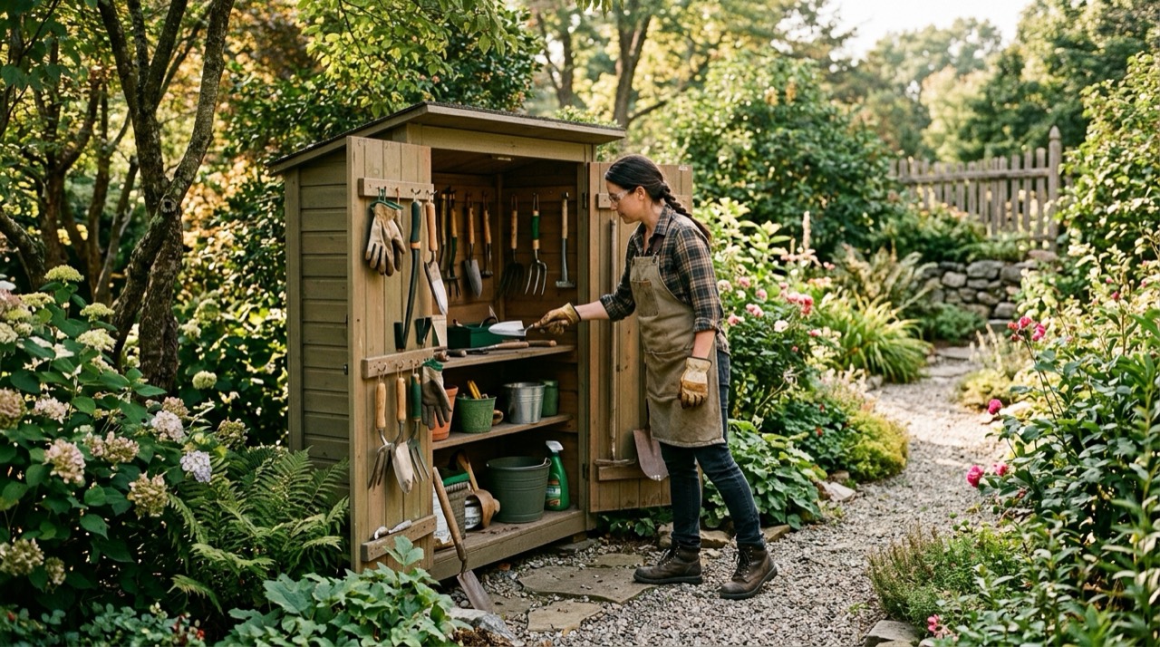 Person using outdoor tool storage Chainsaw Transport & Storage — Person using outdoor tool storage