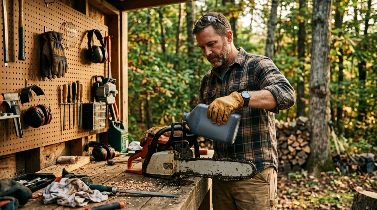 Bar and Chain Oil — Pouring bar and chain oil