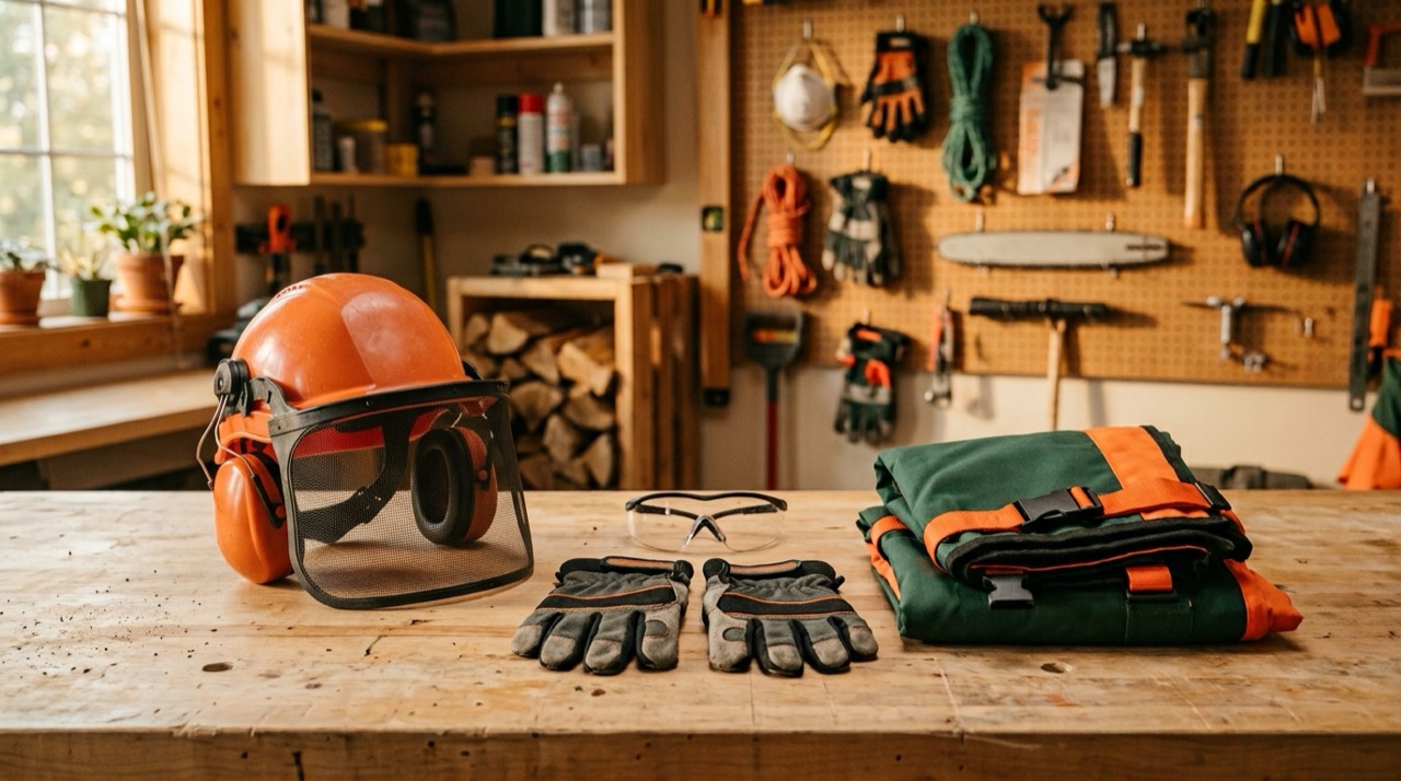 Safety Gear & Accessories — Protective gear arranged on bench