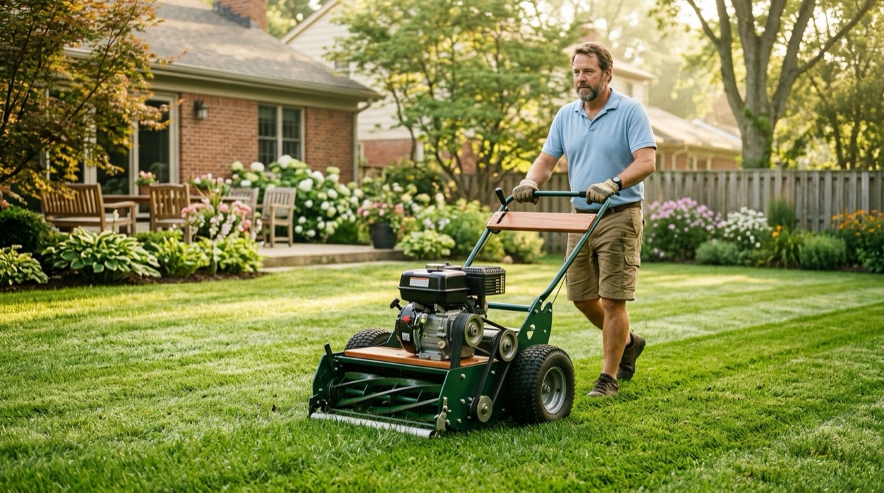 Self-Propelled Drive Systems — Push reel mower cutting grass