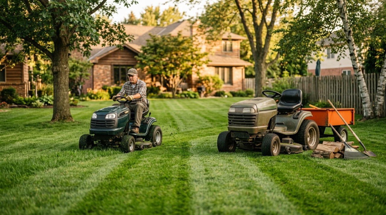 Riding Mowers & Tractors — Riding mower in green lawn