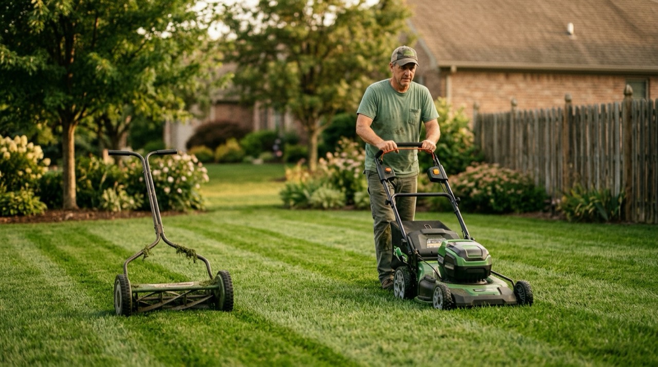 Push & Reel Mowers — Ryobi push mowers on lawn