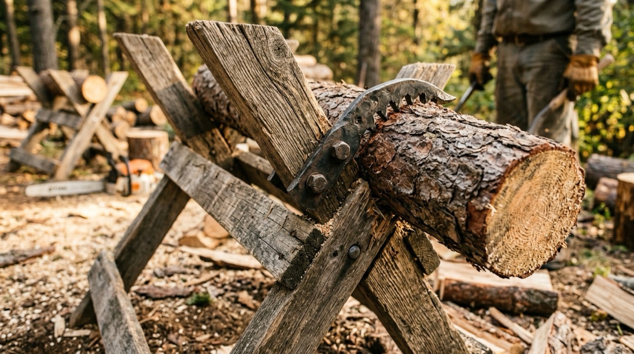 Sawhorses & Log Stands — Sawhorses and log stands detail