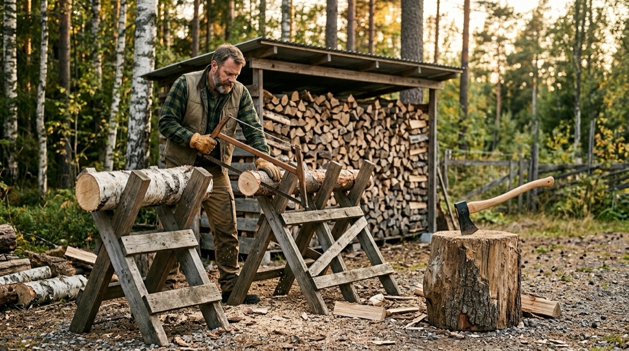 Sawhorses & Log Stands — Sawhorses and log stands in
