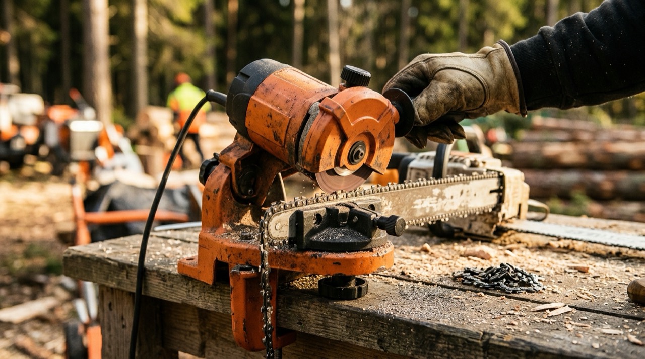 Sharpening chainsaw in outdoor s Handheld Blade Sharpeners — Sharpening chainsaw in outdoor s