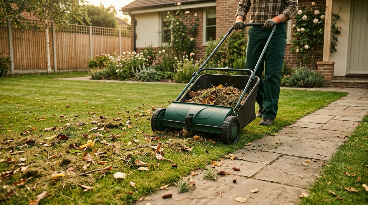 Debris a Sweeper Clears — Sweeper clears debris from lawn