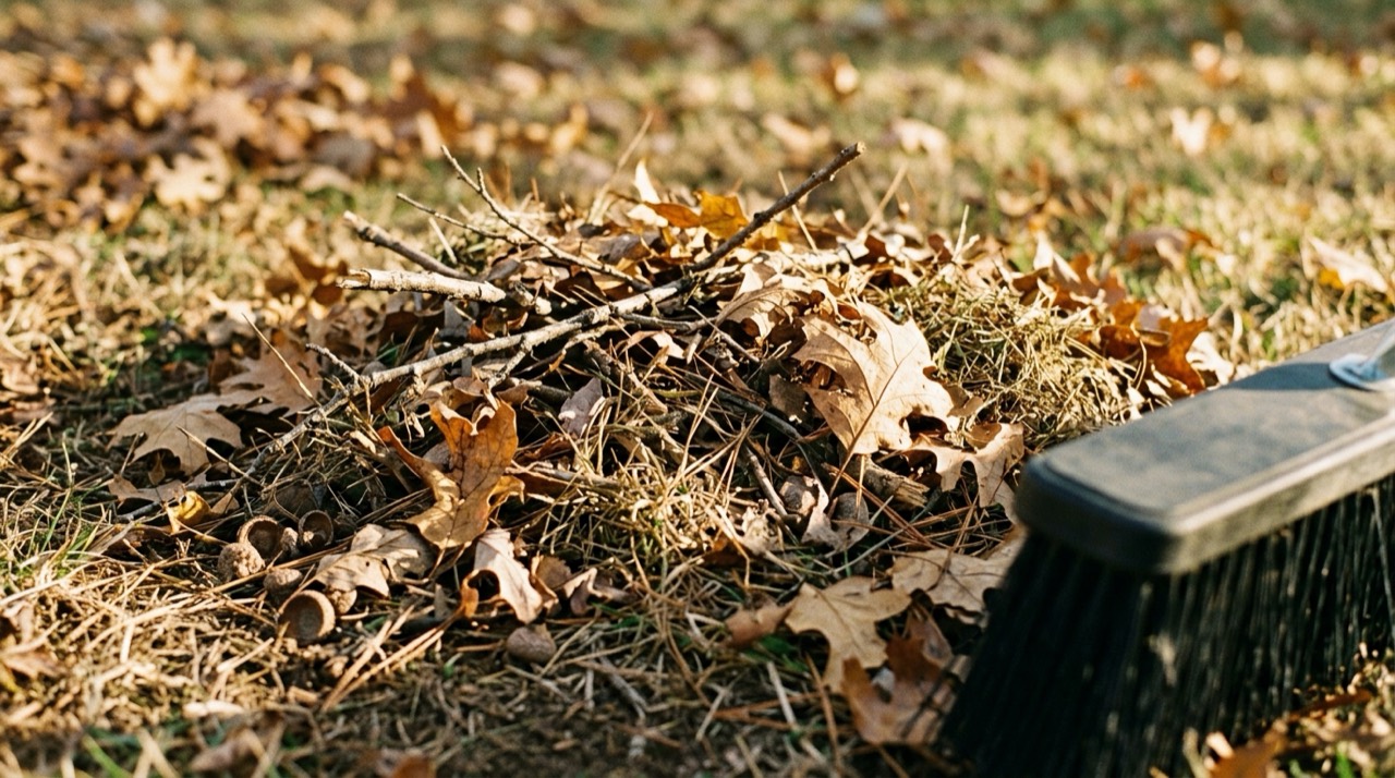 Debris a Sweeper Clears — Sweeper clears debris outdoors