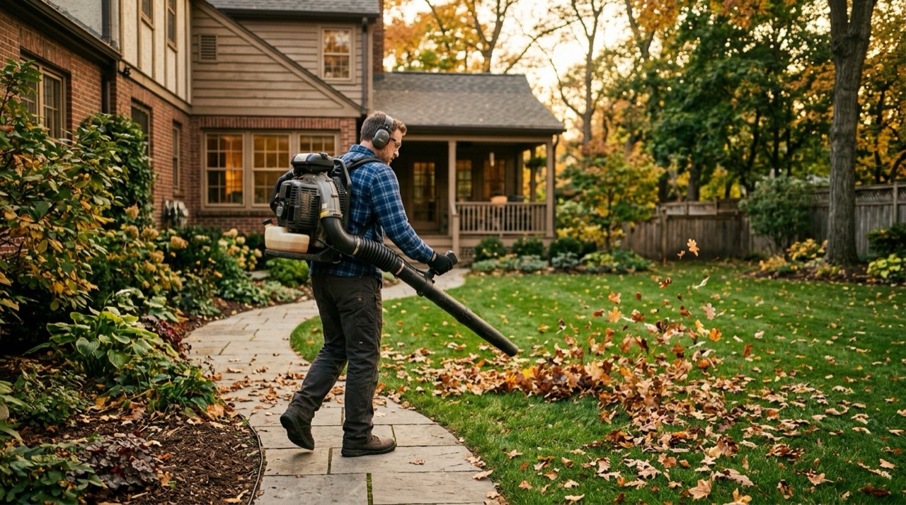 Gas Blower Care — Using backpack blower in yard